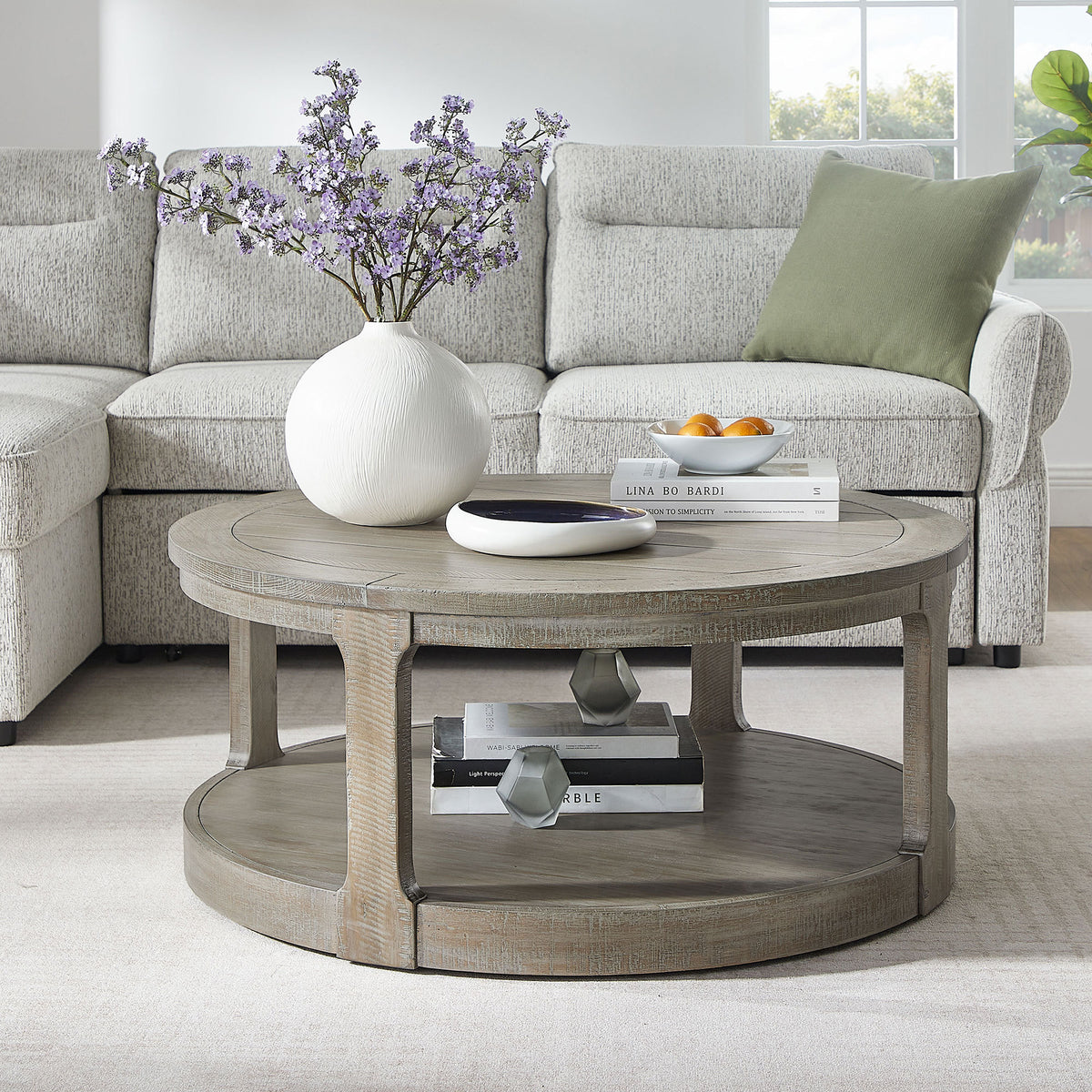 Light Brown Rustic Round Coffee Table with Shelf, 40 in