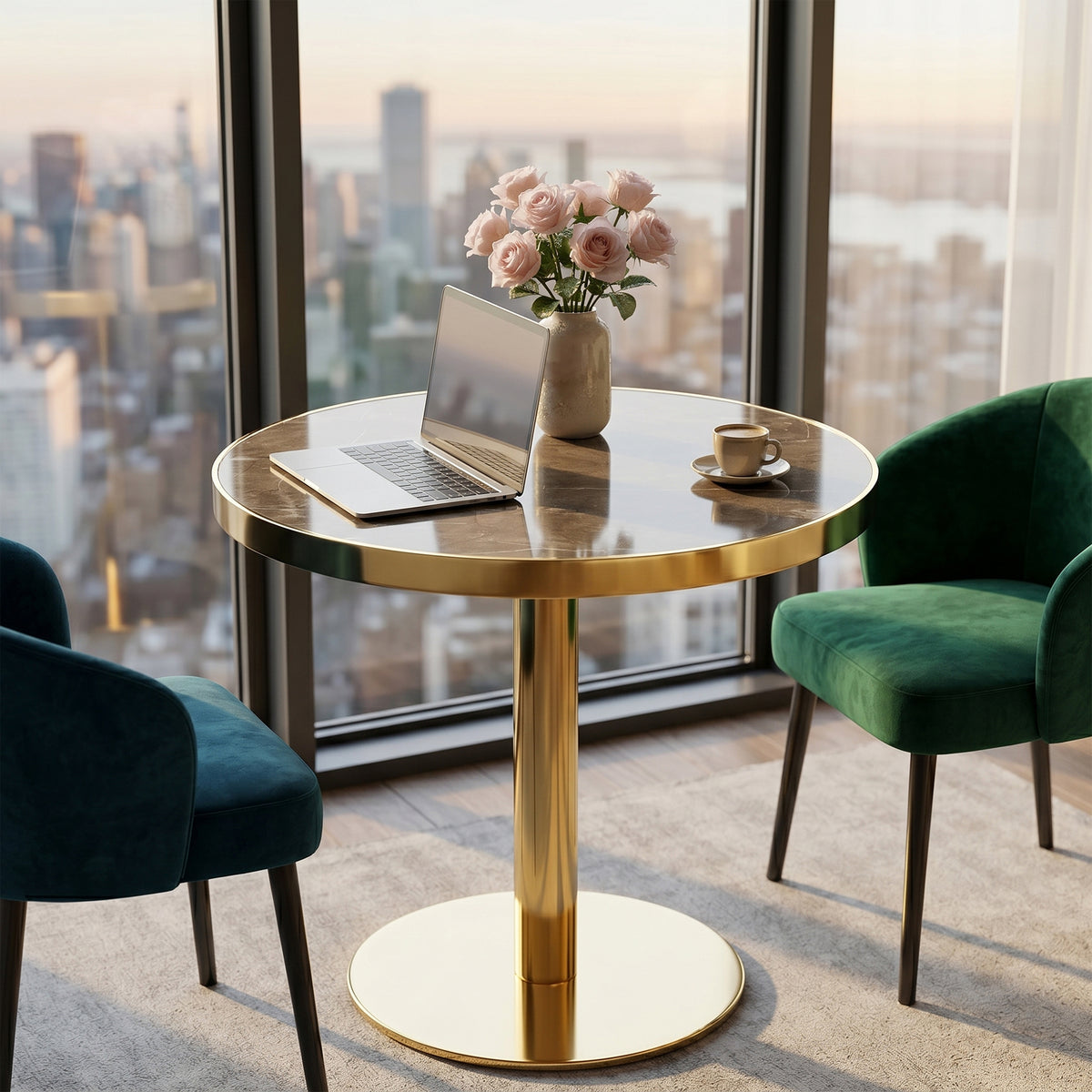 Gray faux marble bistro table with gold base by a city-view window, styled with a laptop, roses and velvet chairs