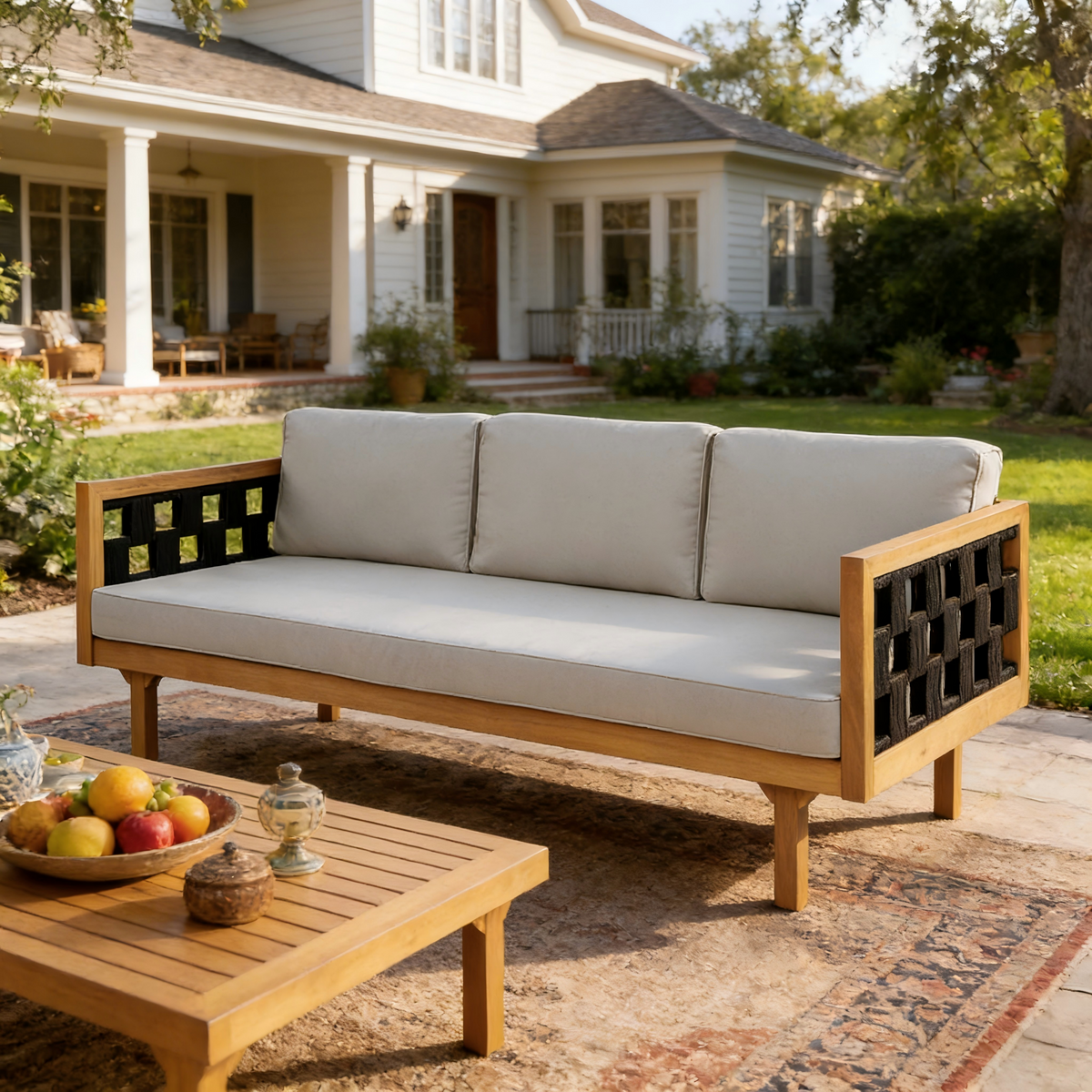 Teak Finish Solid Wood Outdoor Daybed, Light Gray Cushion, Rope Weave