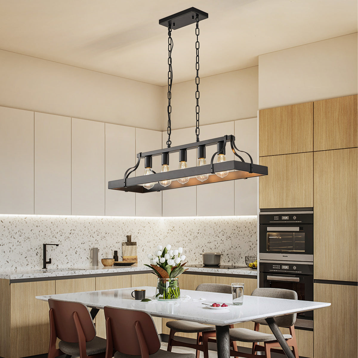 Matte Black Linear 5-Light Chandelier, 34 in