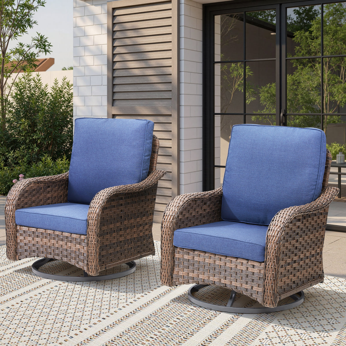 Brown Wicker Patio Glider Chair, Blue Cushions, Set of 2, 28.3 in Deep