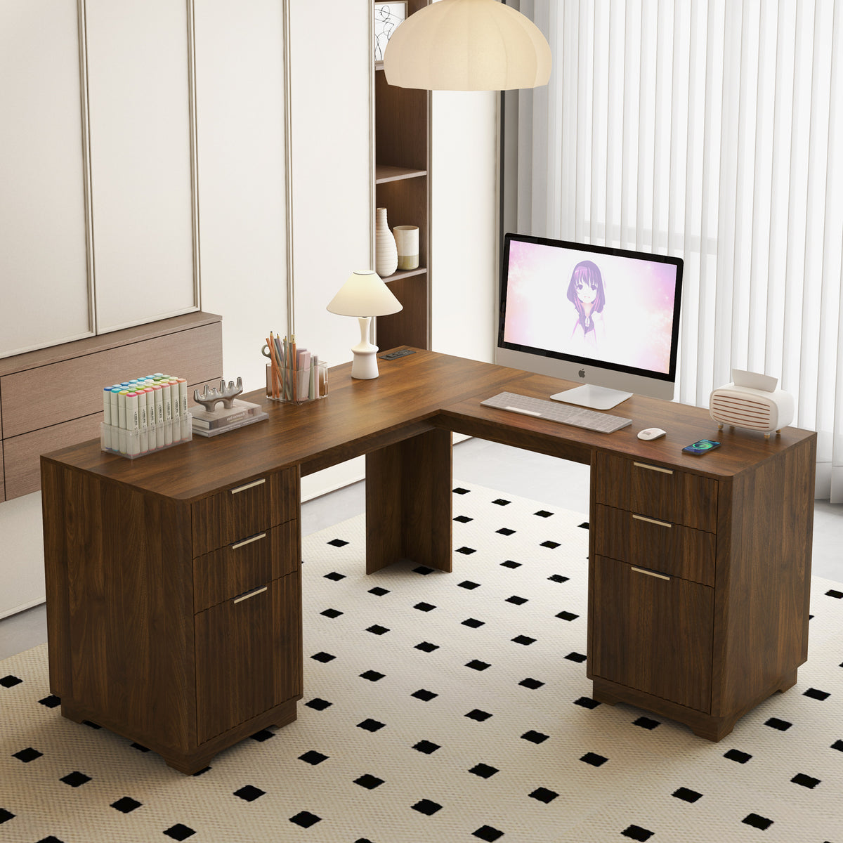Modern Computer Desk, L-Shaped, Charging Station, 59.8 in