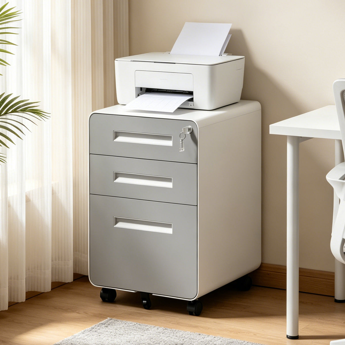 Rolling File Cabinet, 3 Drawers, Locking, 22.8 in Tall, White and Gray, 17.7 in Wide
