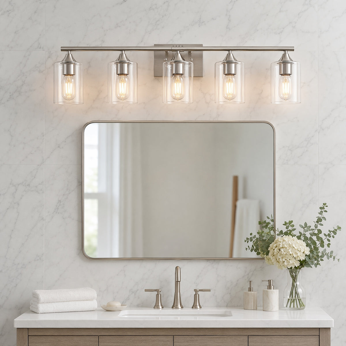 Vanity Light, 5-Light Glass Shades, Iron in Silver