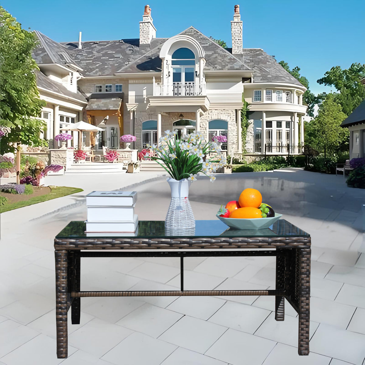 Brown Wicker Outdoor Coffee Table, Glass Top