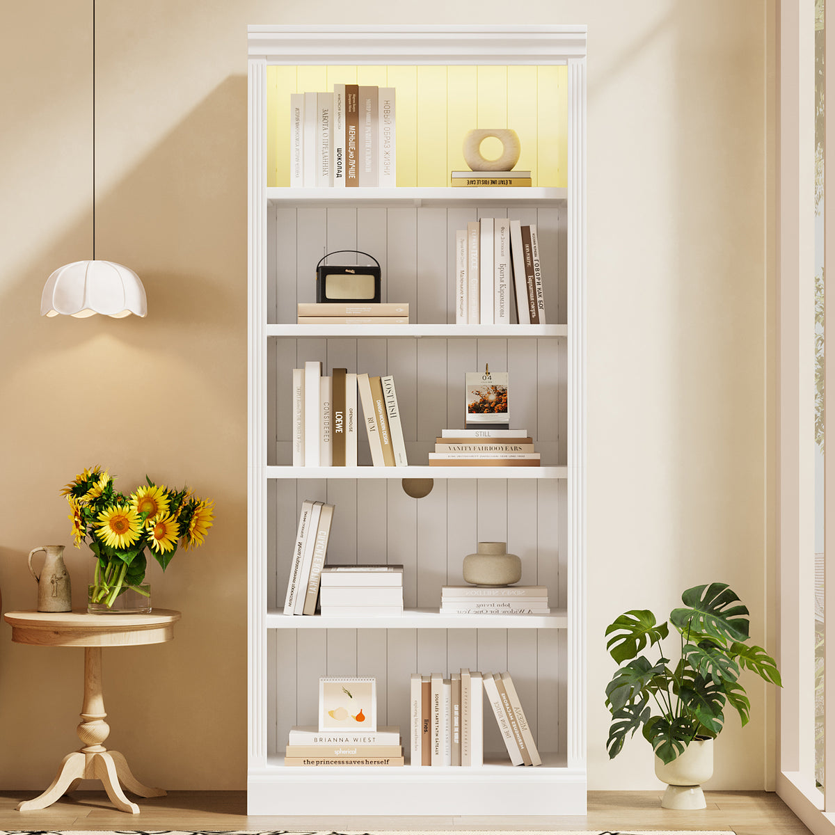 Solid Wood Bookcase, 5 Shelves, LED Lighting, 83.4 in Tall, Painted, 15.4 in Deep
