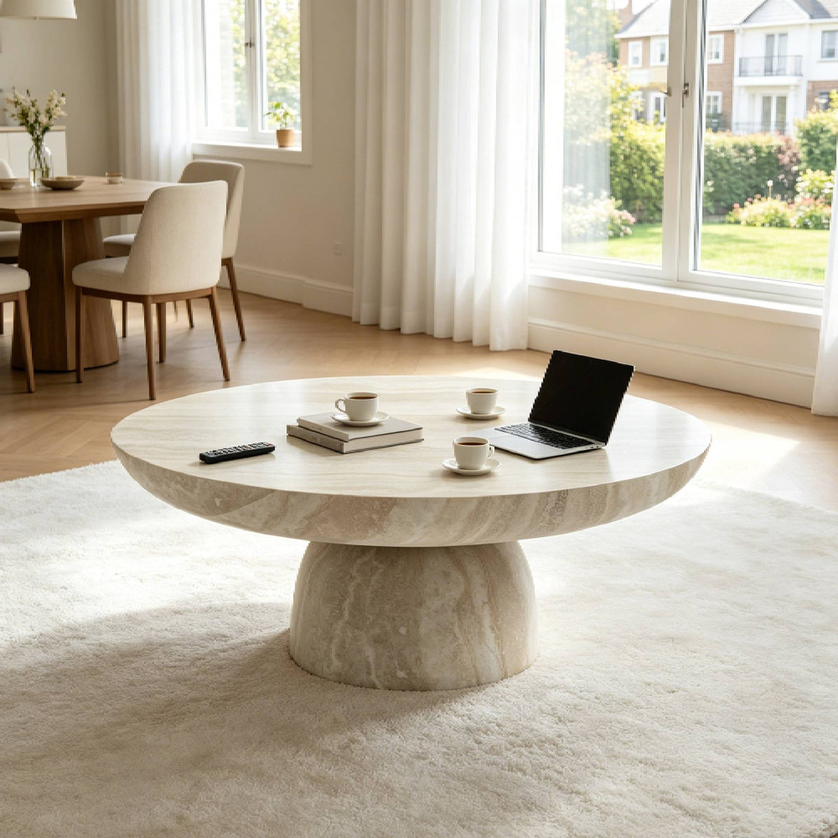 Beige Fiberglass Marble-Look Round Pedestal Coffee Table, 34.6 in