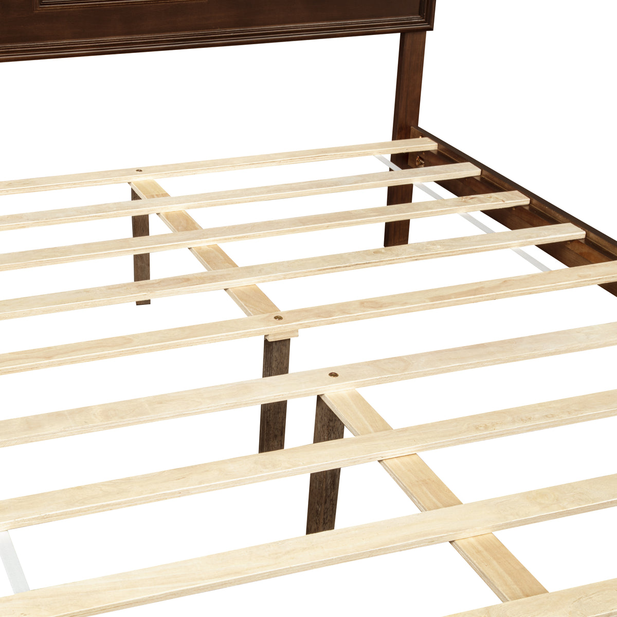 Closeup of rich brown bed frame rail with light wood slats and center support