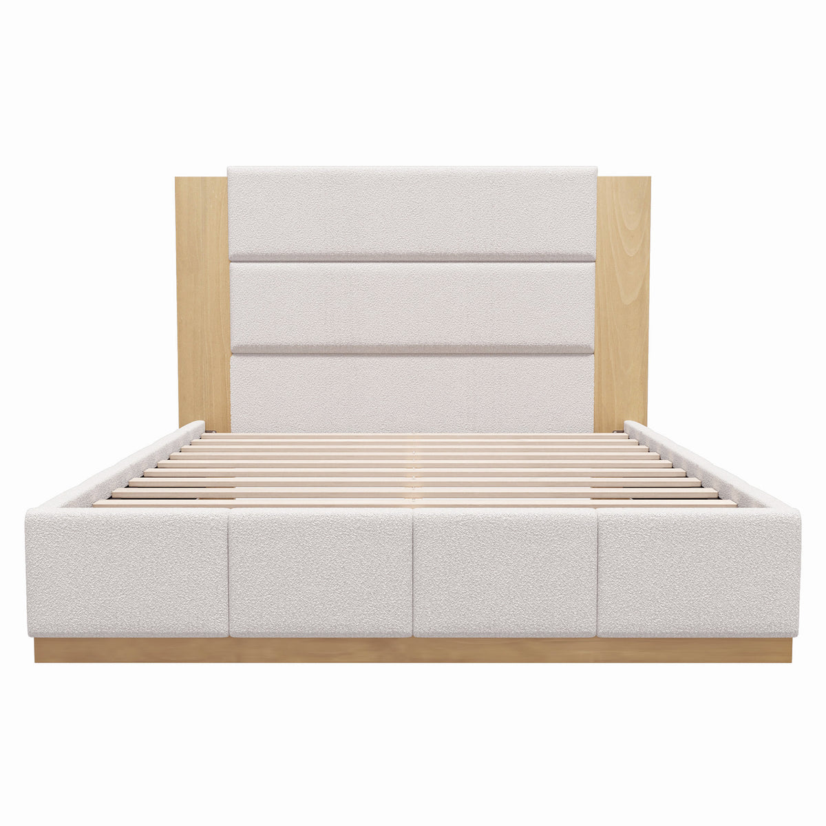 White boucle upholstered queen bed frame with a light oak extended headboard