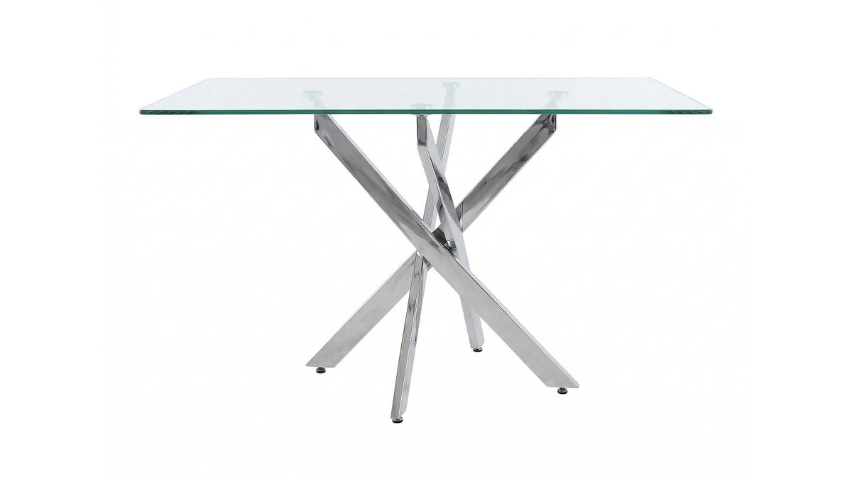 Front elevation studio view of the glass dining table with chrome-finish silver legs