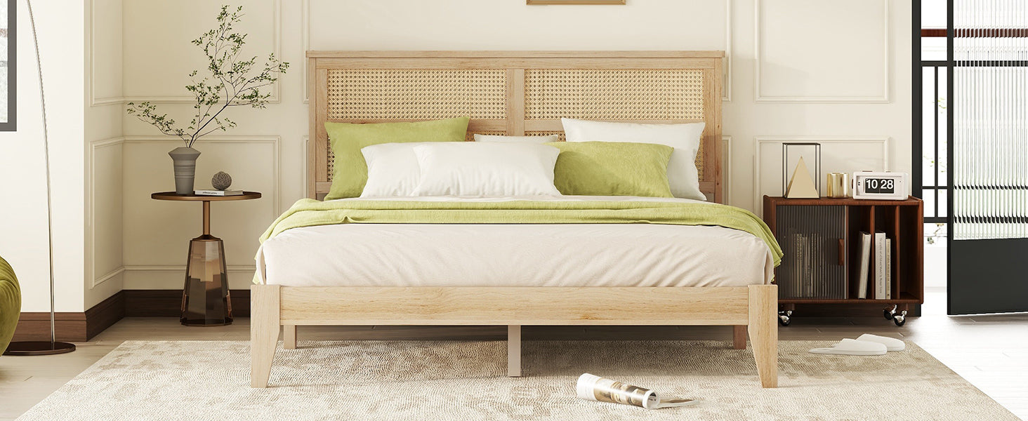 Front-facing lifestyle view of the natural queen wood bed frame and woven rattan headboard