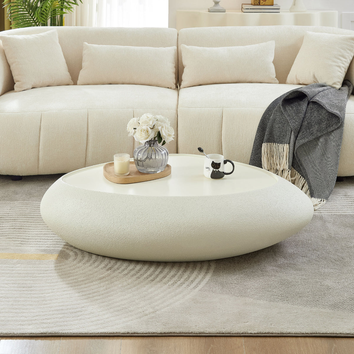 White Fiberglass Oval Pebble Coffee Table, 47.2 in