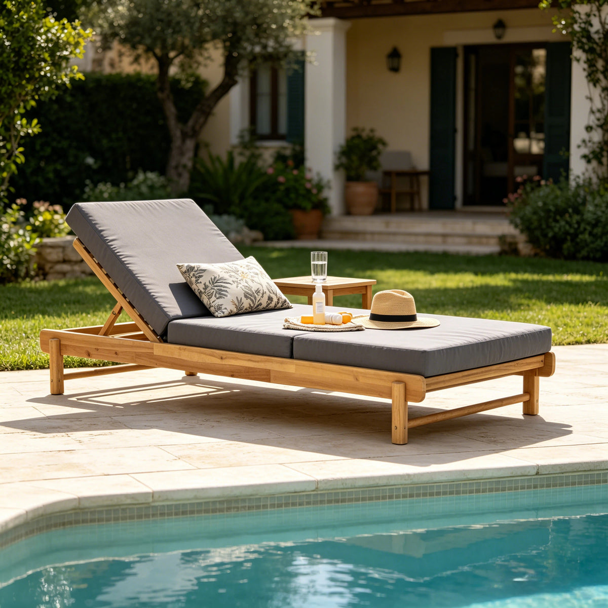 Teak Finish Solid Wood Outdoor Chaise Lounge, Dark Gray Cushion, 3-Fold Cushion