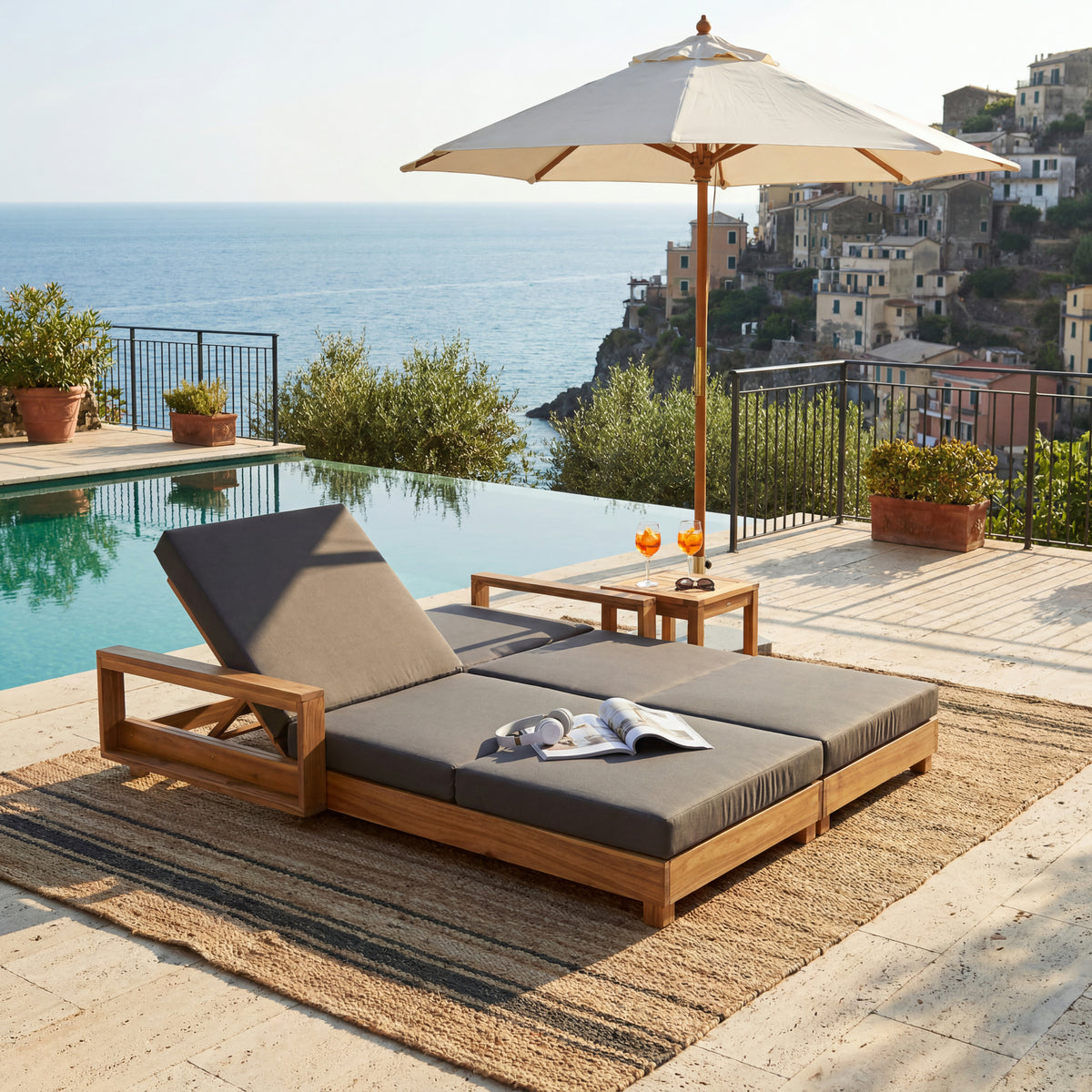 Natural Solid Wood Adjustable Outdoor Double Chaise Lounge, Dark Gray Cushion