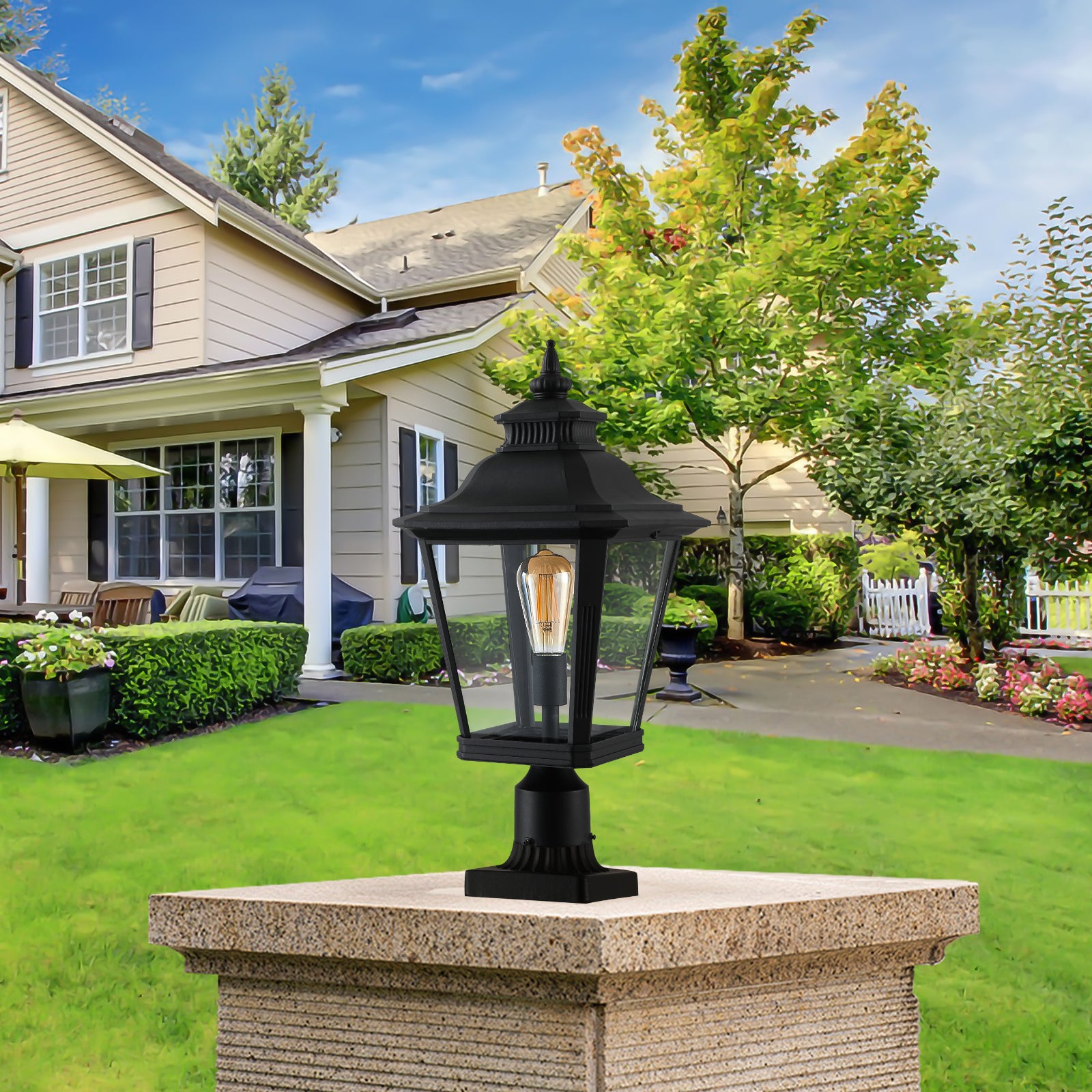 Outdoor Post Light with Clear Glass Shade, Black Aluminum