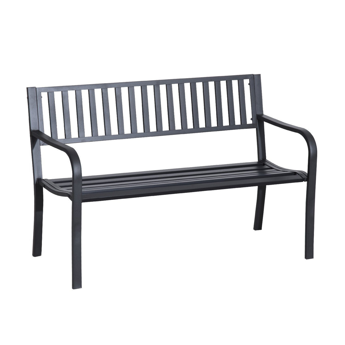 Black Metal Outdoor Bench, 50 in Wide, Slatted