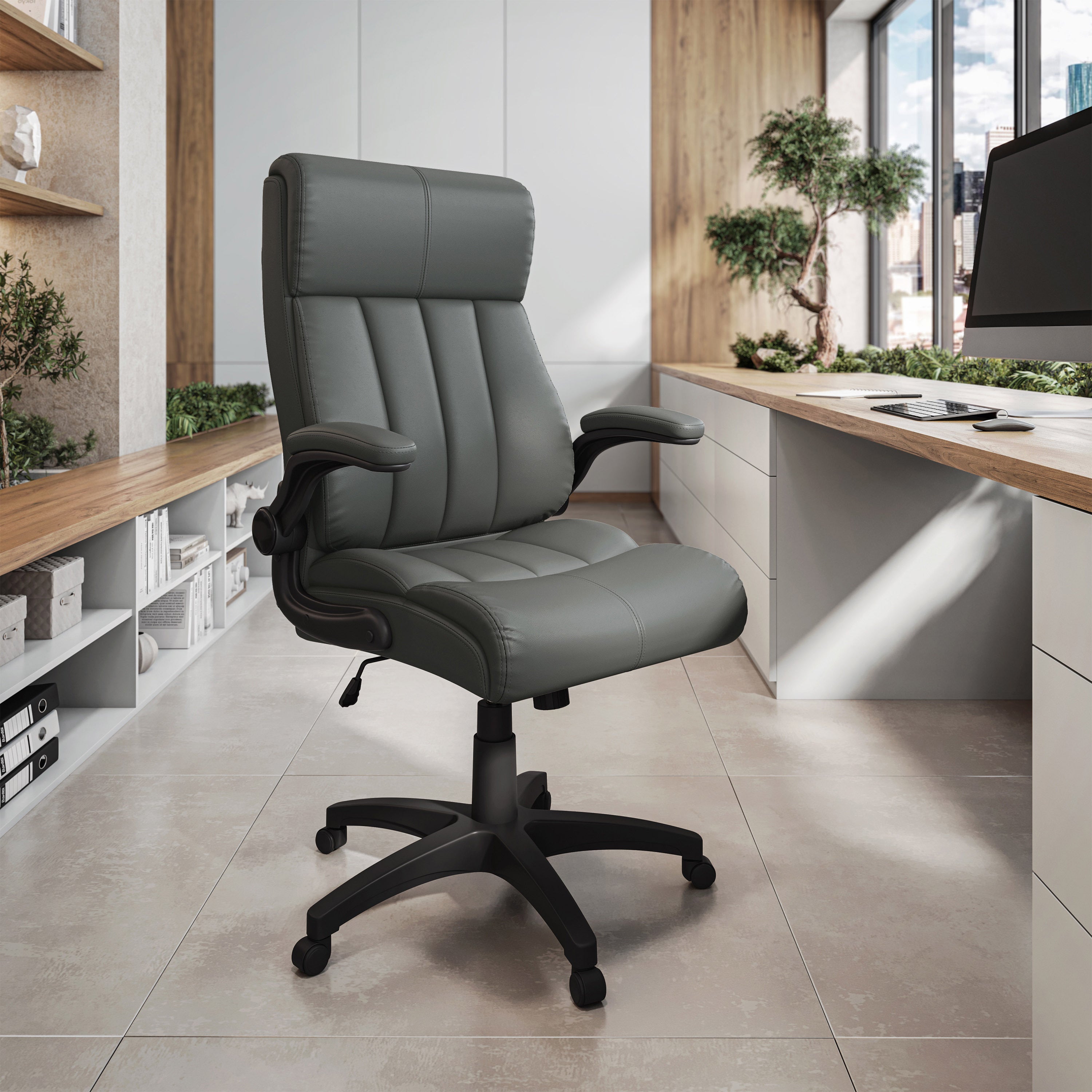 Gray Vegan Leather Office Chair, Height Adjustable, 300 lb