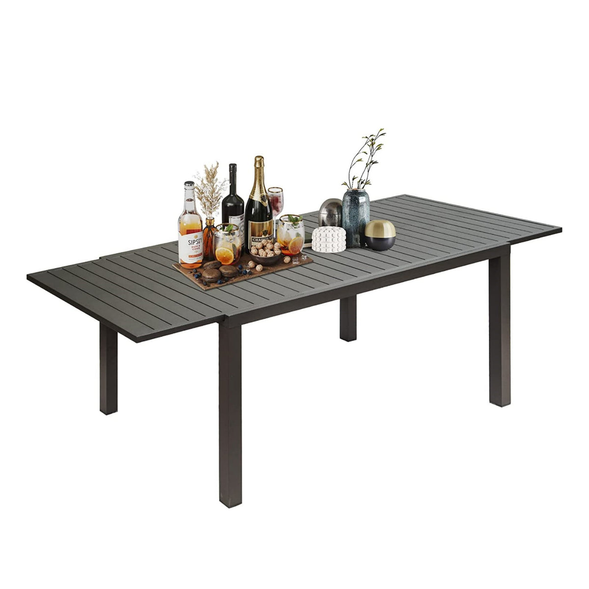 Black Aluminum Rectangular Outdoor Dining Table Extendable, 89 in Wide
