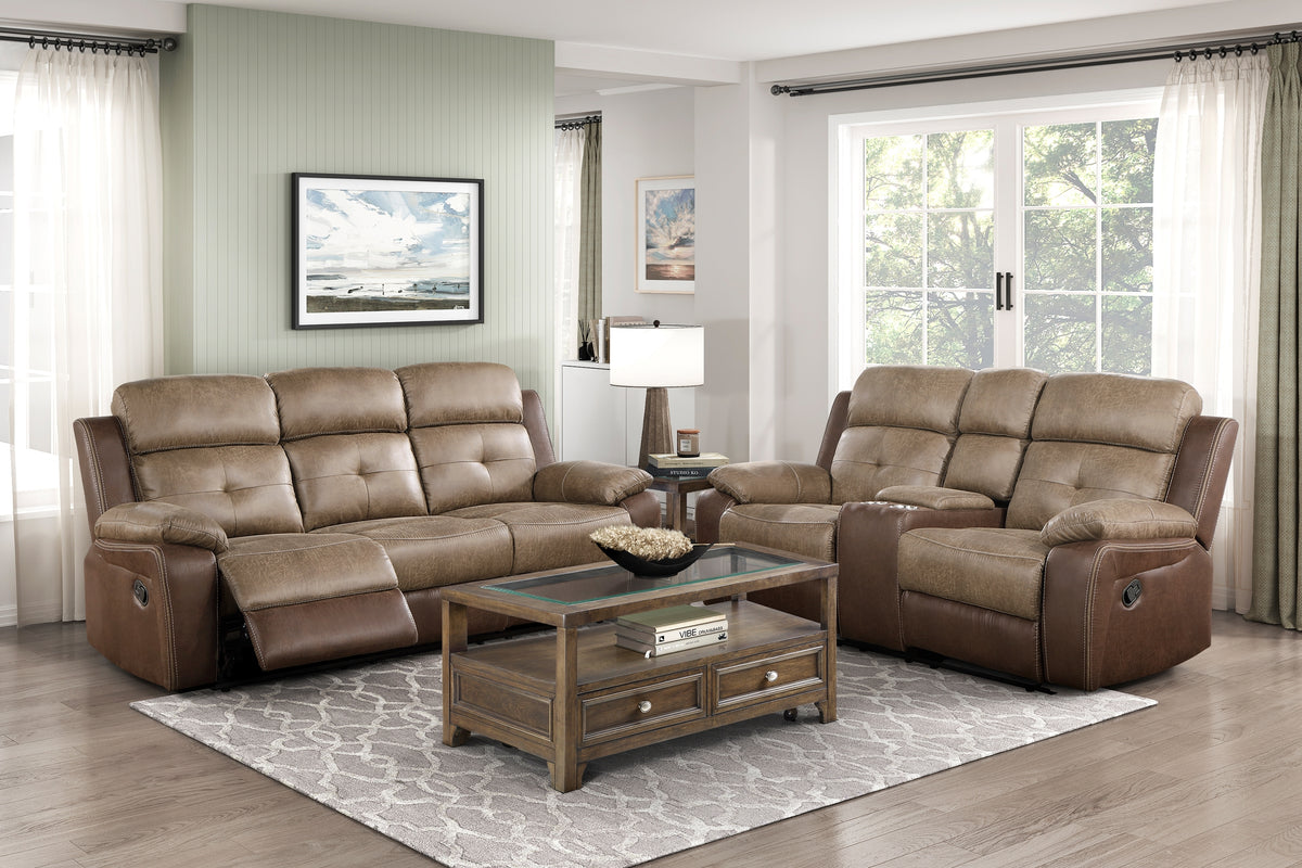 Brown Microfiber Reclining Sofa and Loveseat Set, Pillow Top Arms