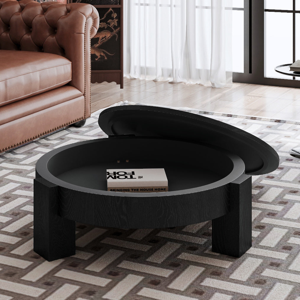 Black Round Parquet Coffee Table with Storage, 33.1 in