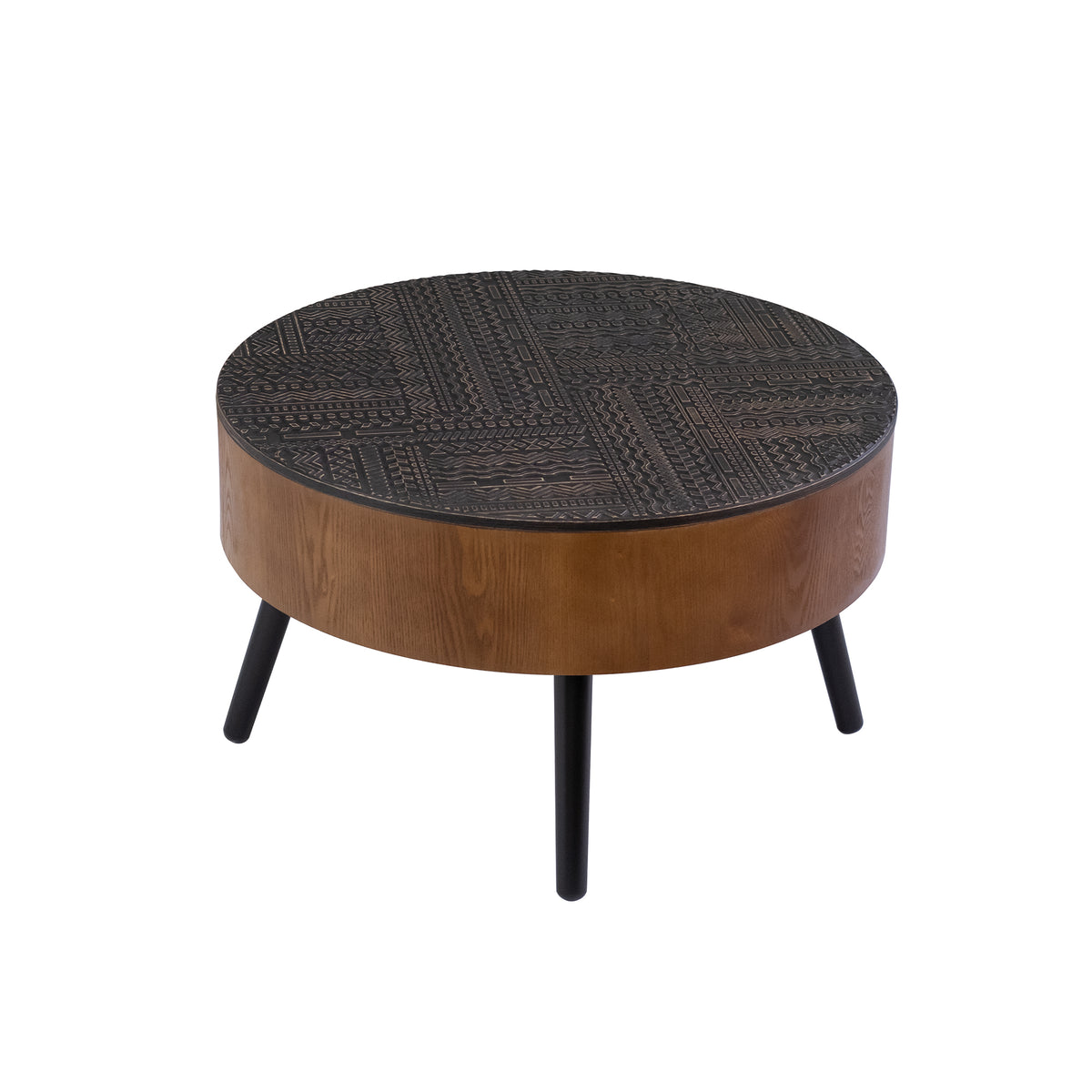 Brown and Black Round Carved-Top Coffee Table with Storage, 31.5 in