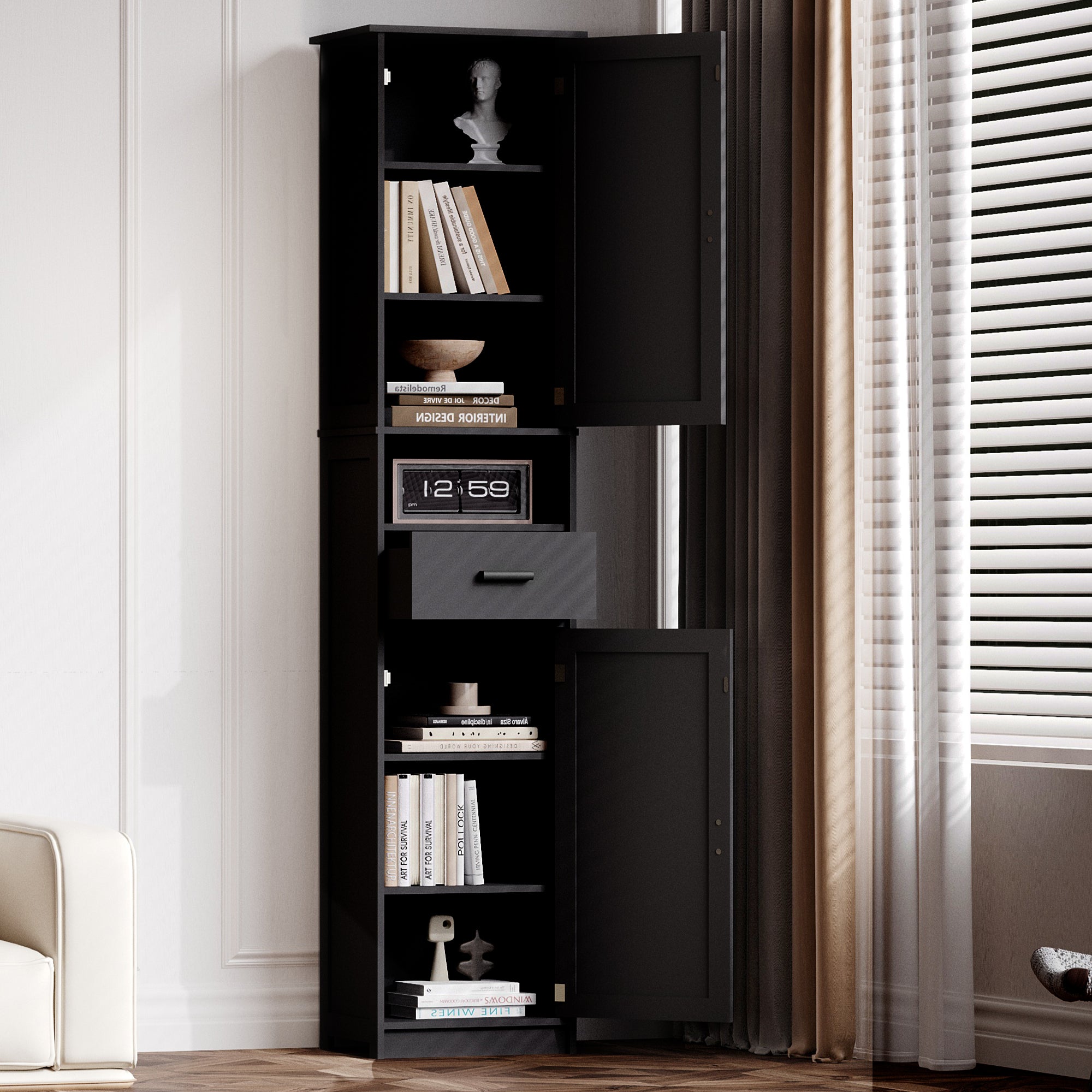 Storage Cabinet, 1 Drawer, 69.3 in Tall, Black