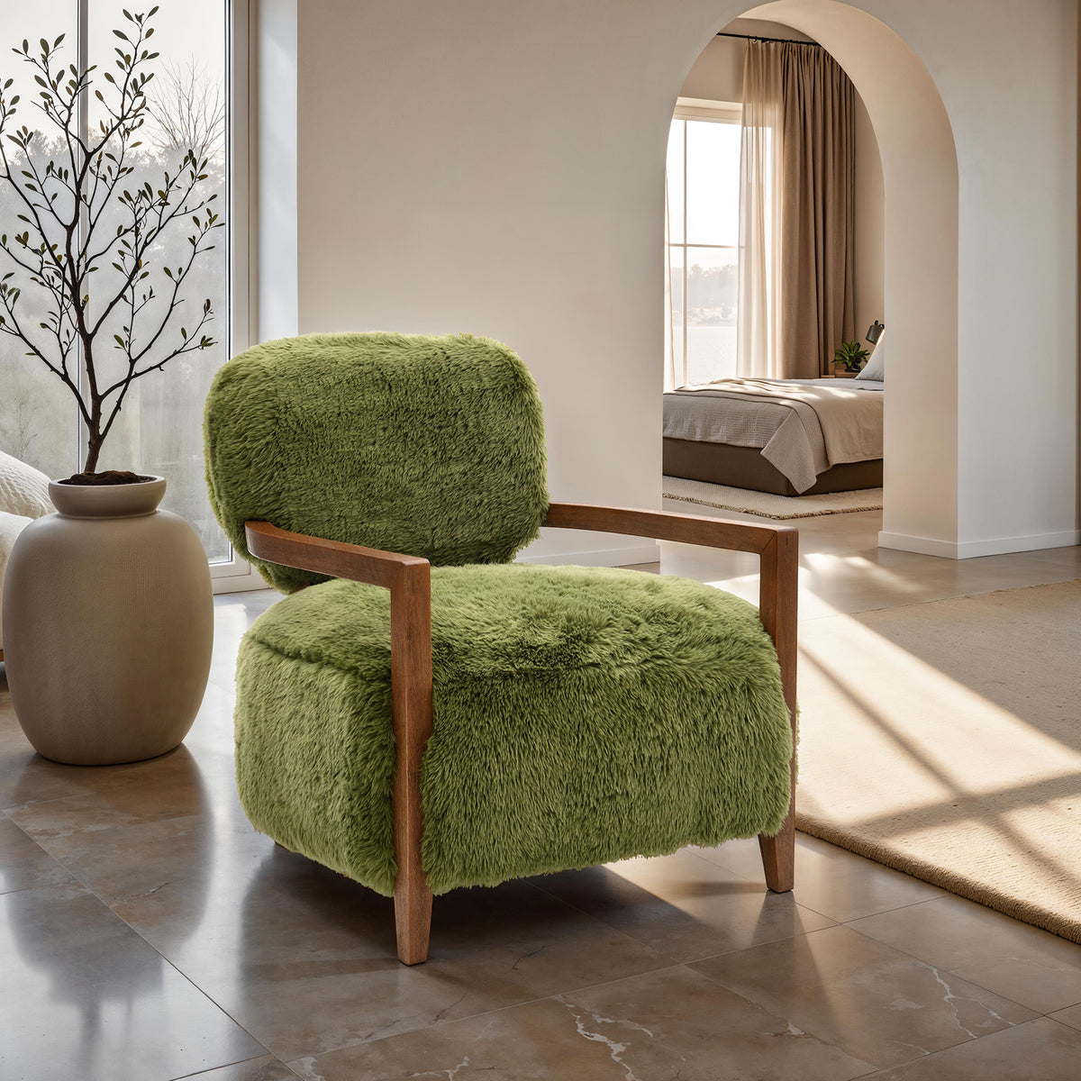 Green Plush Accent Chair, Short Pile