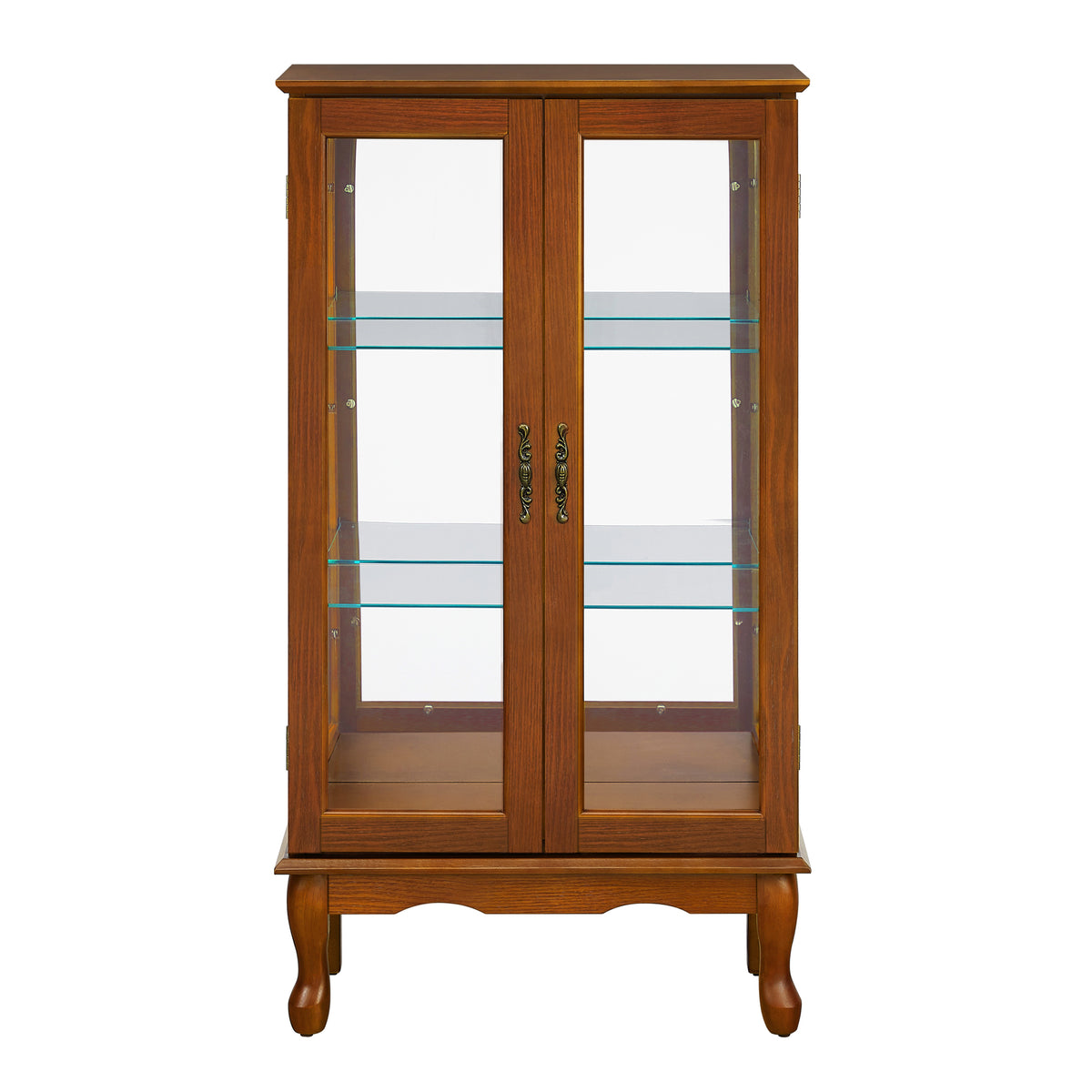 Lighted Curio Cabinet, Oak, 3-Tier with Glass Doors & Mirror Back