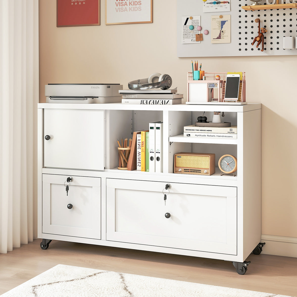 Rolling File Cabinet, 2 Drawers, Locking, 39.3 in, White