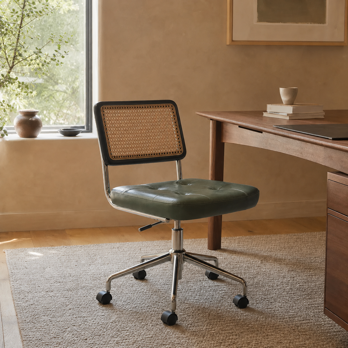 Mid Century Modern Office Chair – Rattan, Vegan Leather & Stainless Steel