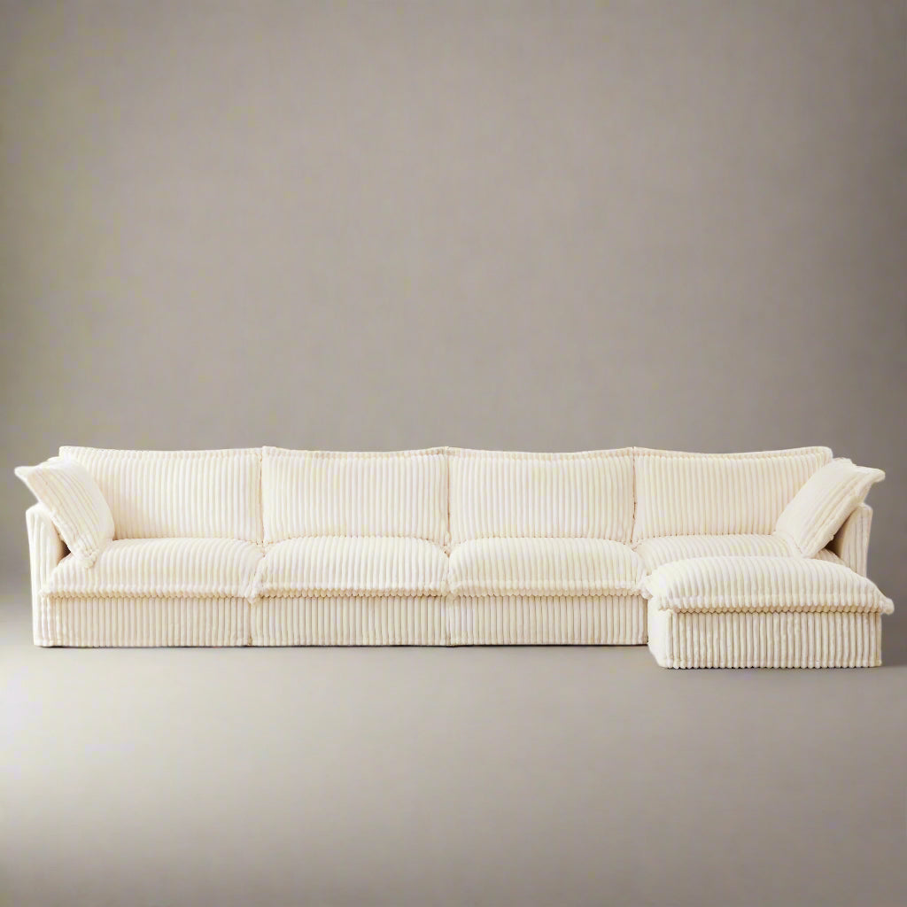 Fluffy 4-Seat Modular Sofa in Corduroy Cream with 1 ottoman #OttOnly_1 #Fabric_Corduroy Cream