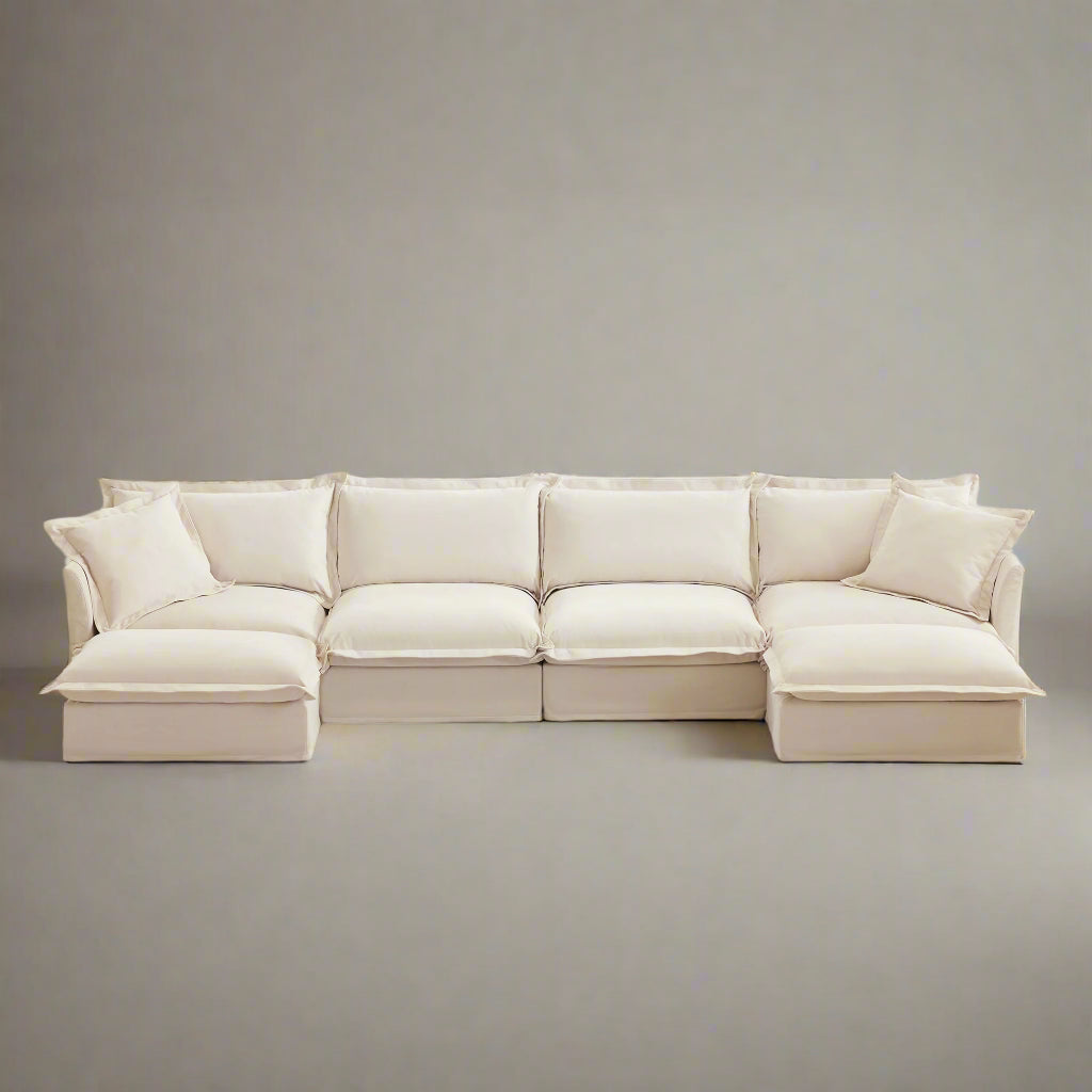 Fluffy 4-Seat Modular Sofa in Chenille Cream with 2 ottomans #OttOnly_2 #Fabric_Chenille Cream