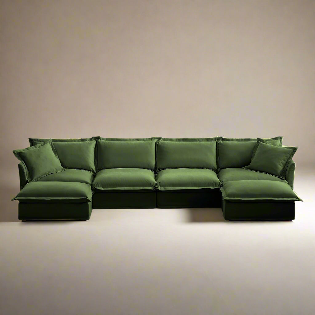 Fluffy 4-Seat Modular Sofa in Chenille Olive with 2 ottomans #OttOnly_2 #Fabric_Chenille Olive