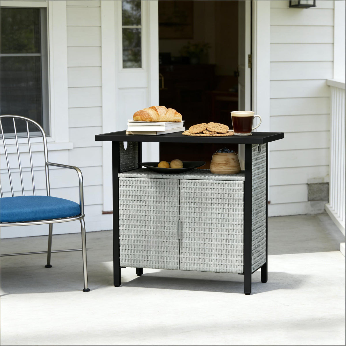 Gray Wicker Outdoor Towel Storage Cabinet