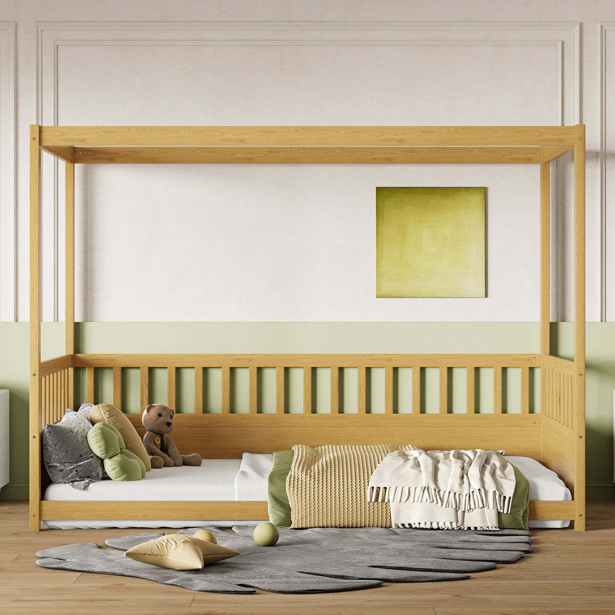 Twin Montessori Floor Bed with Canopy Frame, Natural