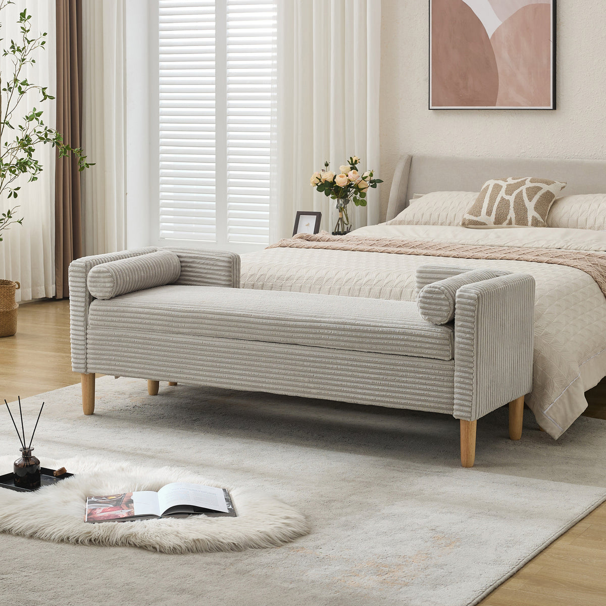 Corduroy Storage Bench, Light Gray 64-Inch Flip-Top with Arms