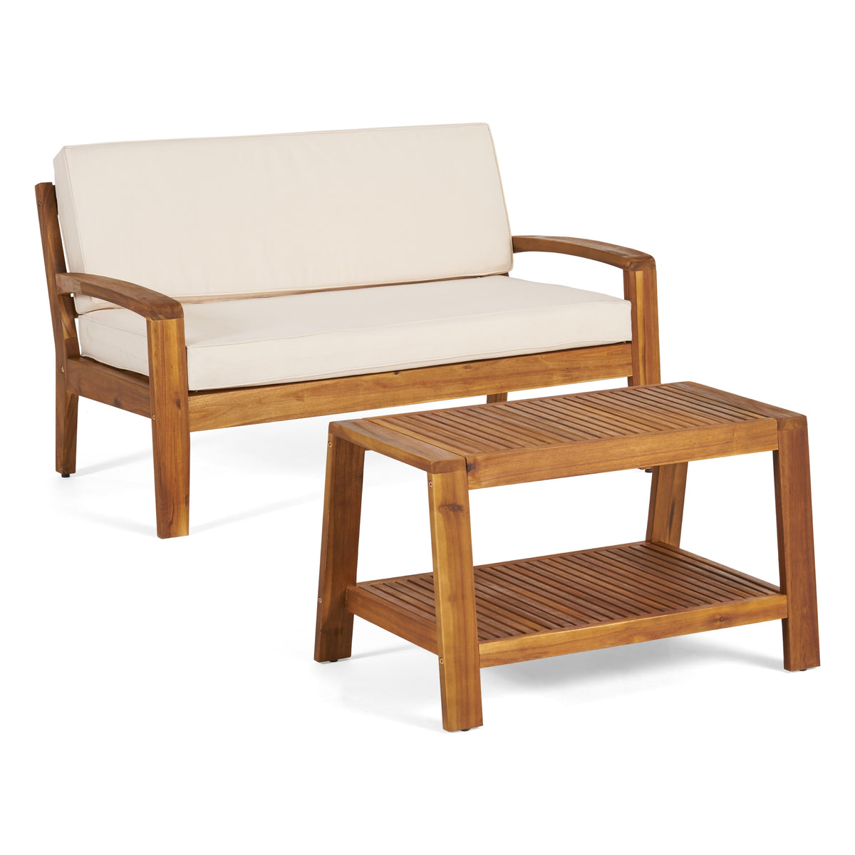 Teak Finish Solid Wood 2-Piece Patio Sofa Set for 2 with Beige Cushions