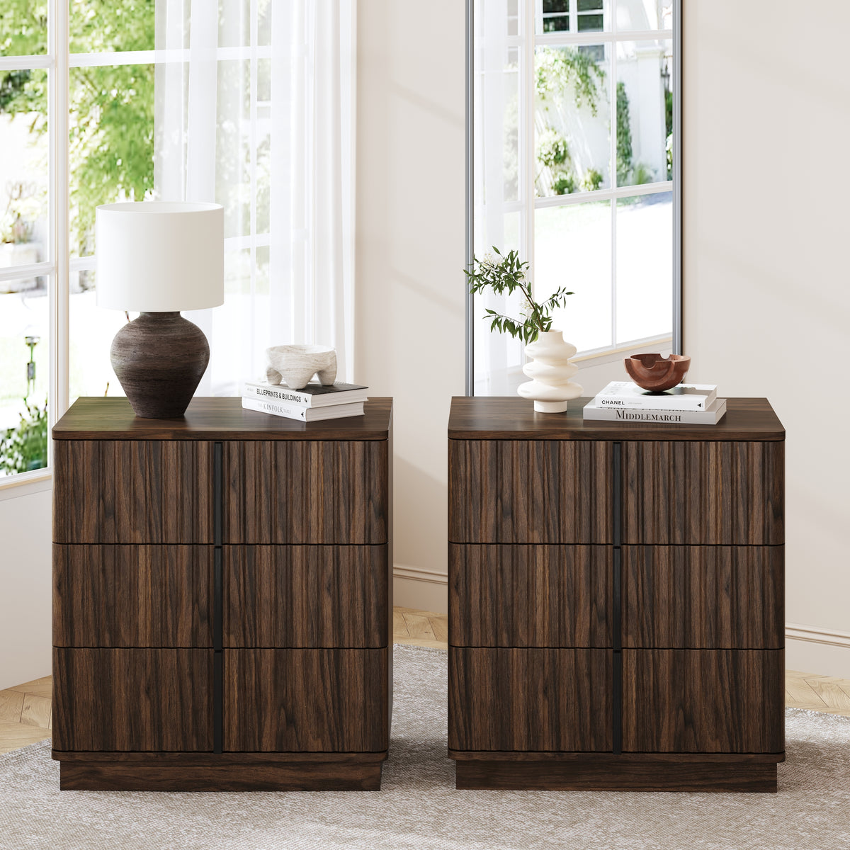 3 Drawer Nightstand Set of 2, Vertical Stripe Fronts, Walnut