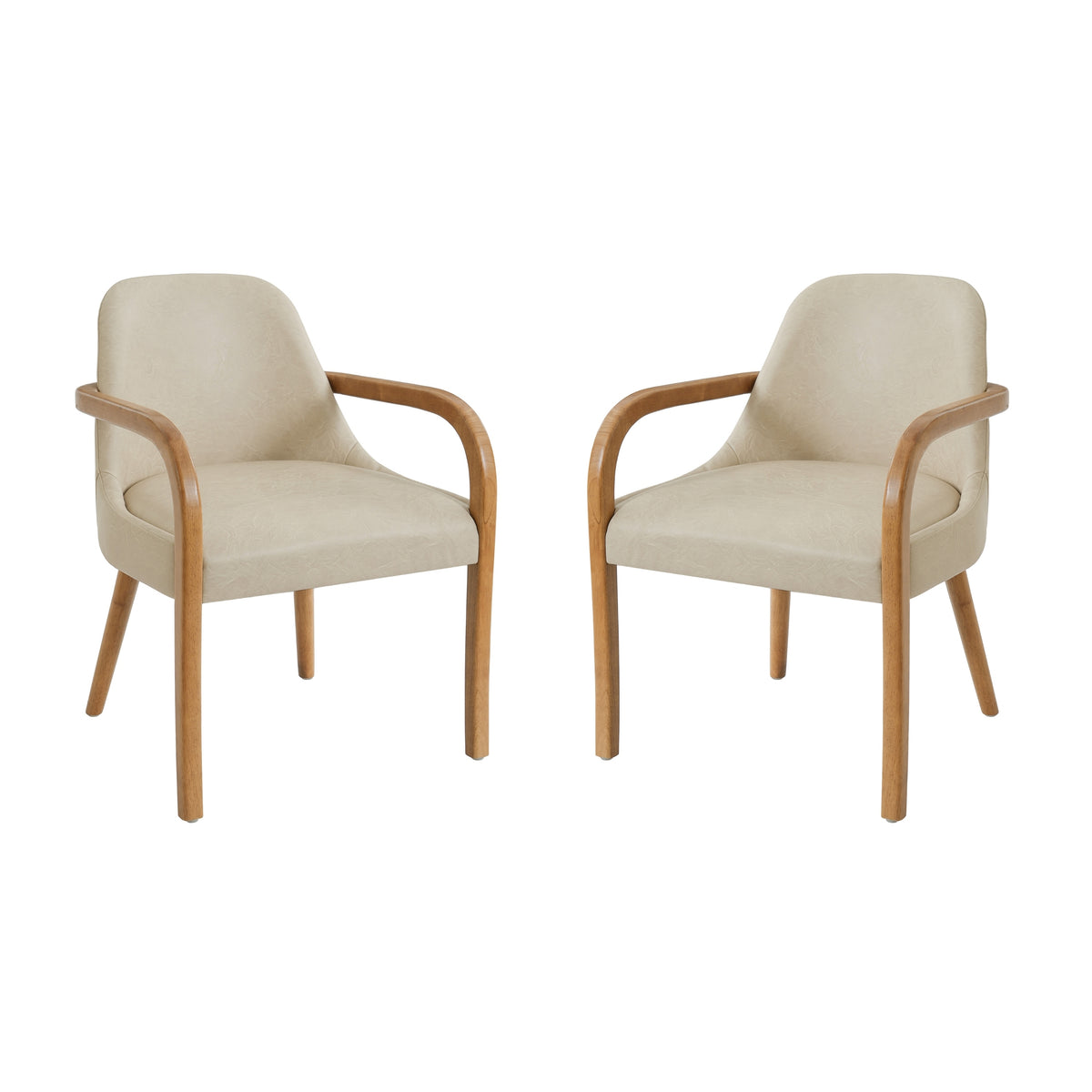 Vegan Leather Dining Armchairs Set of 2, Cream, Wood Arms