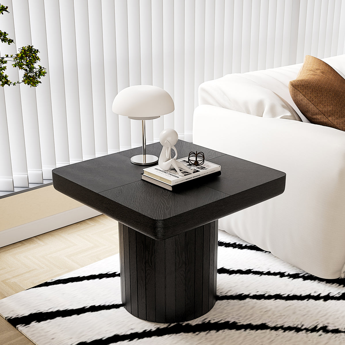Black Fluted Pedestal Square Side Table, 23.6 in