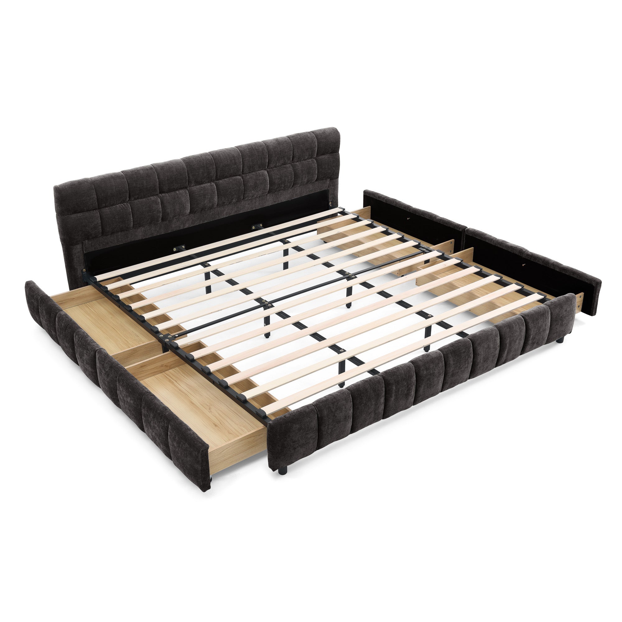 Dark gray chenille king bed frame with storage drawers extended, no mattress