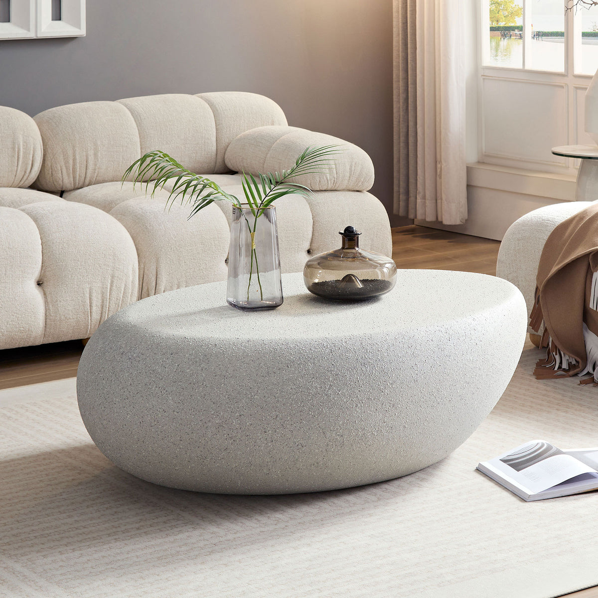 Light Gray Fiberglass Stone-Look Pebble Coffee Table, 43.3 in