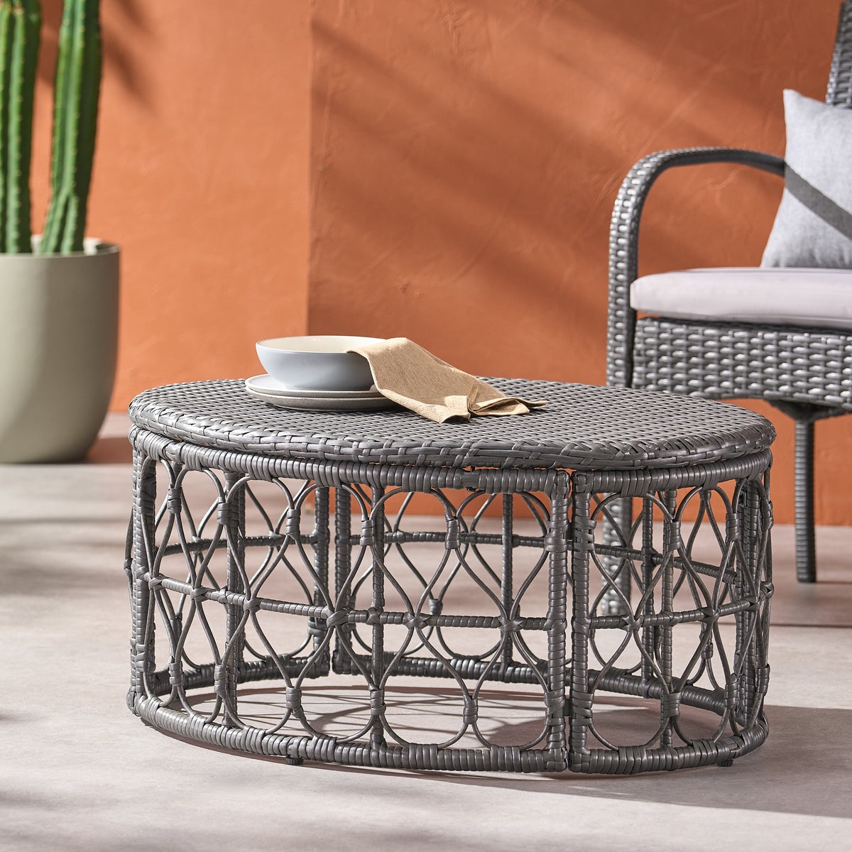 Gray Wicker Outdoor Coffee Table, 32.5 in Wide