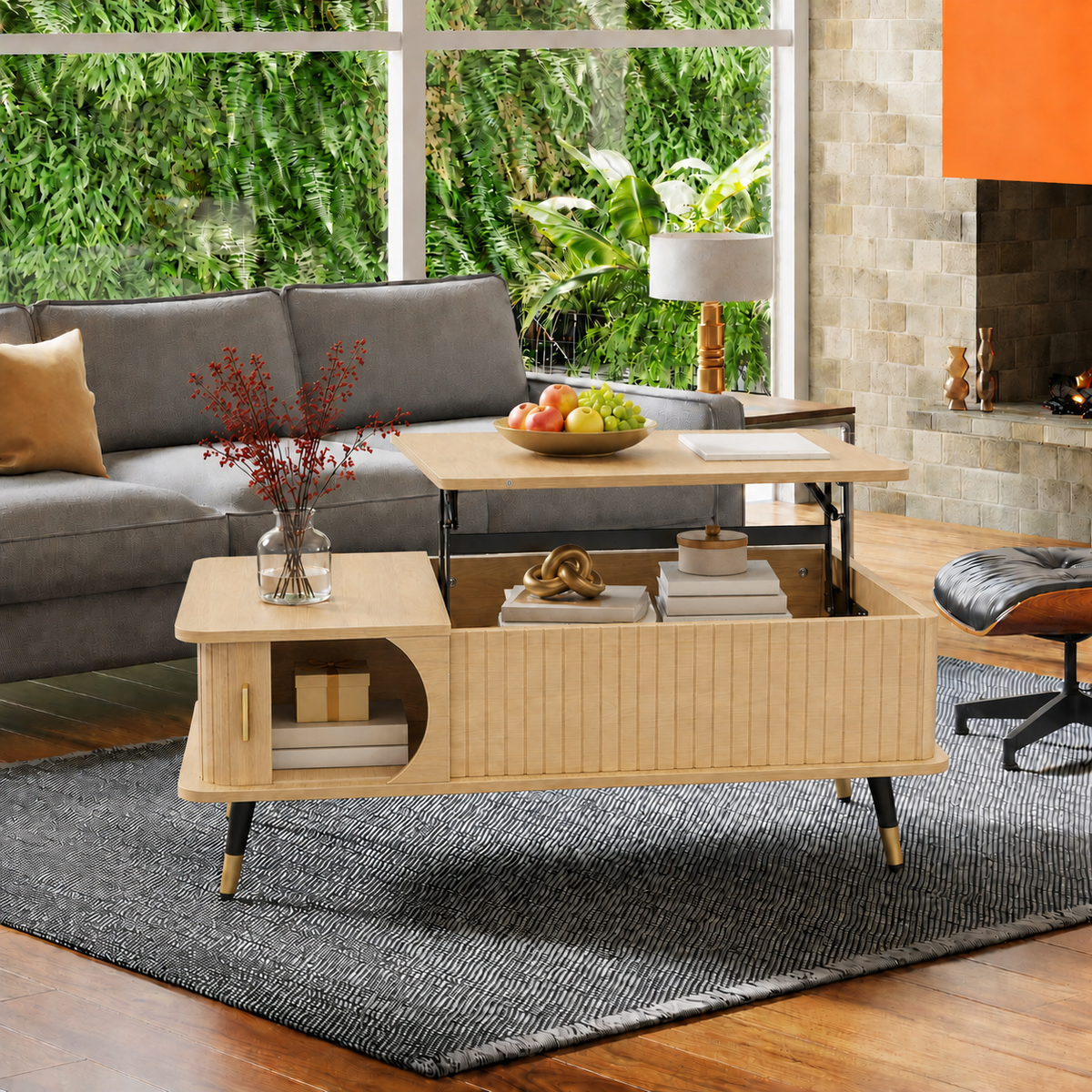 Natural Mid-Century Fluted Lift-Top Coffee Table with Storage, 39.4 in
