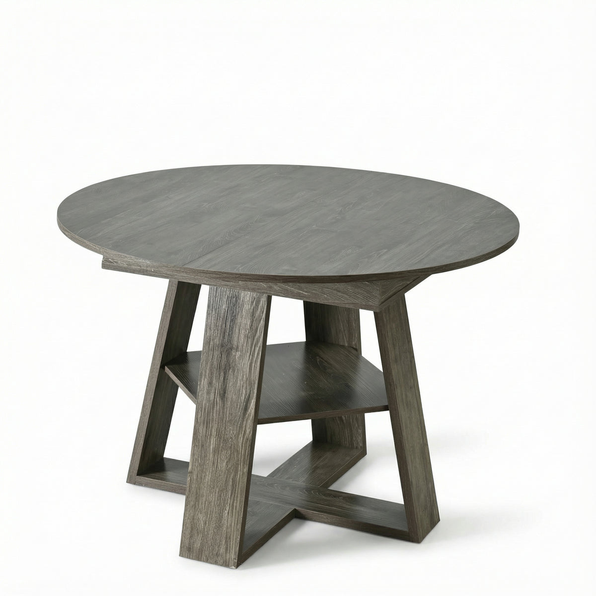 Three-quarter studio view of the compact gray round table with lower shelf