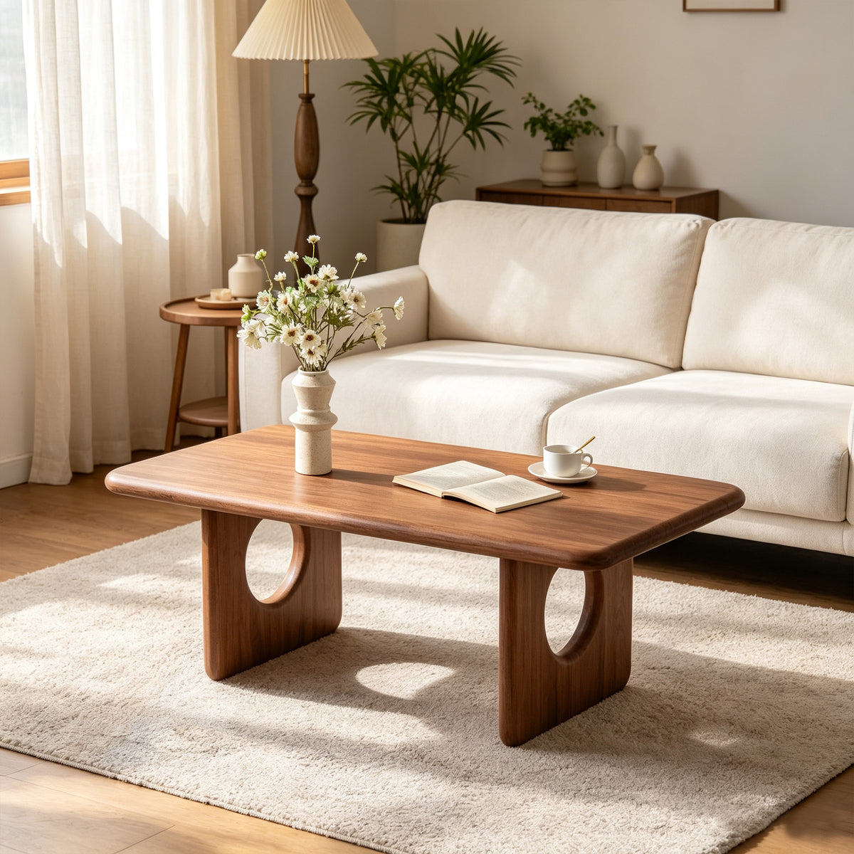 Walnut Mid-Century U-Leg Rectangular Coffee Table, 47.2 in