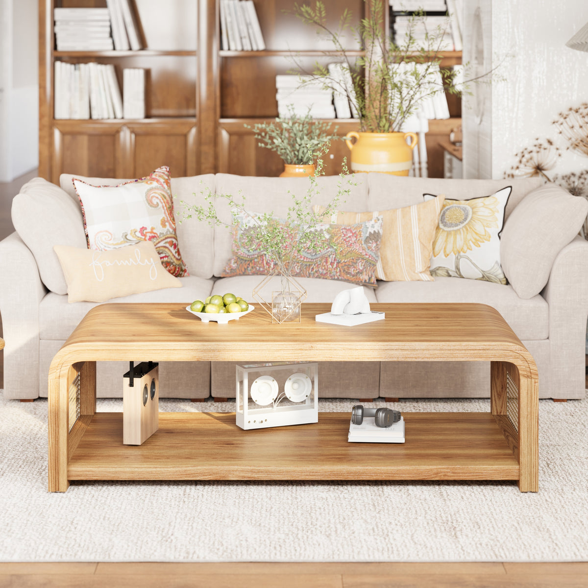 Natural Rattan Waterfall Rectangular Coffee Table with Shelf, 47.2 in