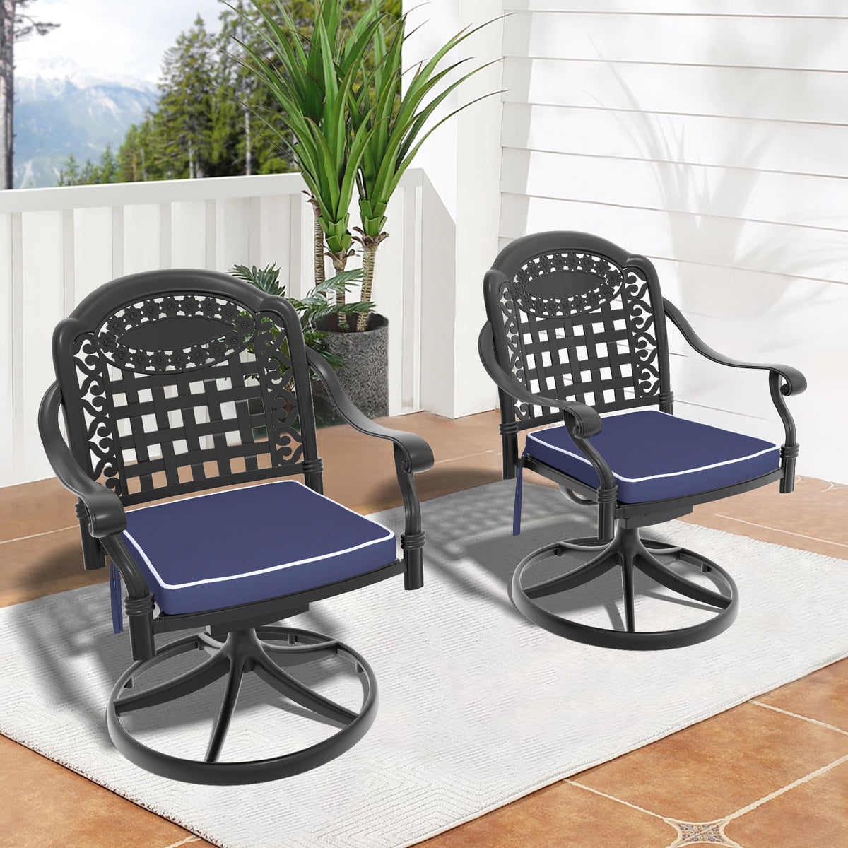 Black Aluminum Outdoor Swivel Chair with Blue Cushions, Set of 2