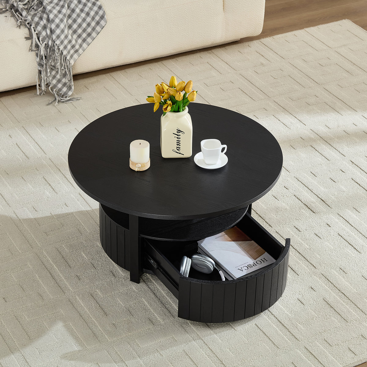 Black Fluted Round Coffee Table with Drawer, 33.1 in, 16.5 in Tall
