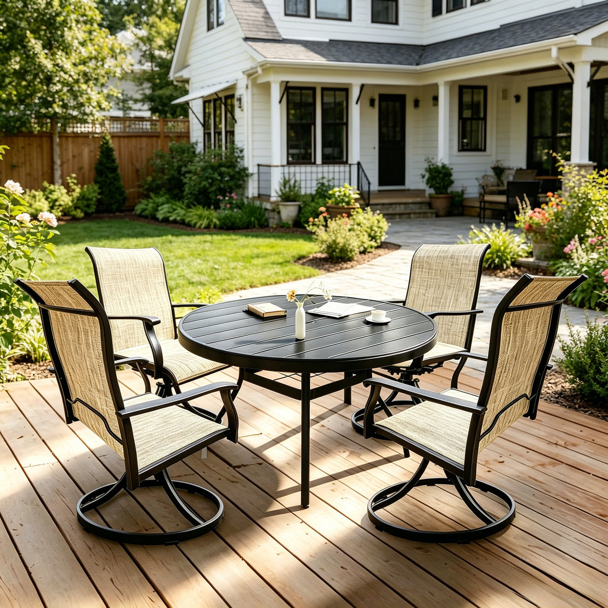 Metal 5-Piece Patio Dining Set for 4 with Umbrella Hole, Swivel